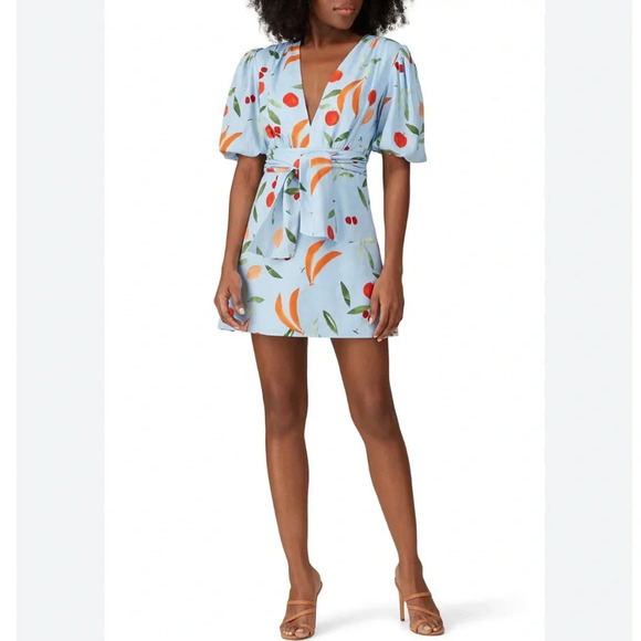 Finders Keepers Calypso Light Blue Fruit Print Puff Sleeve Mini Dress NWT Small - Picture 1 of 13